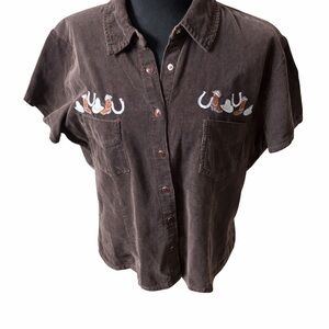 L’Equipe Embroidered Brown Corduroy Short Sleeve Button Shirt